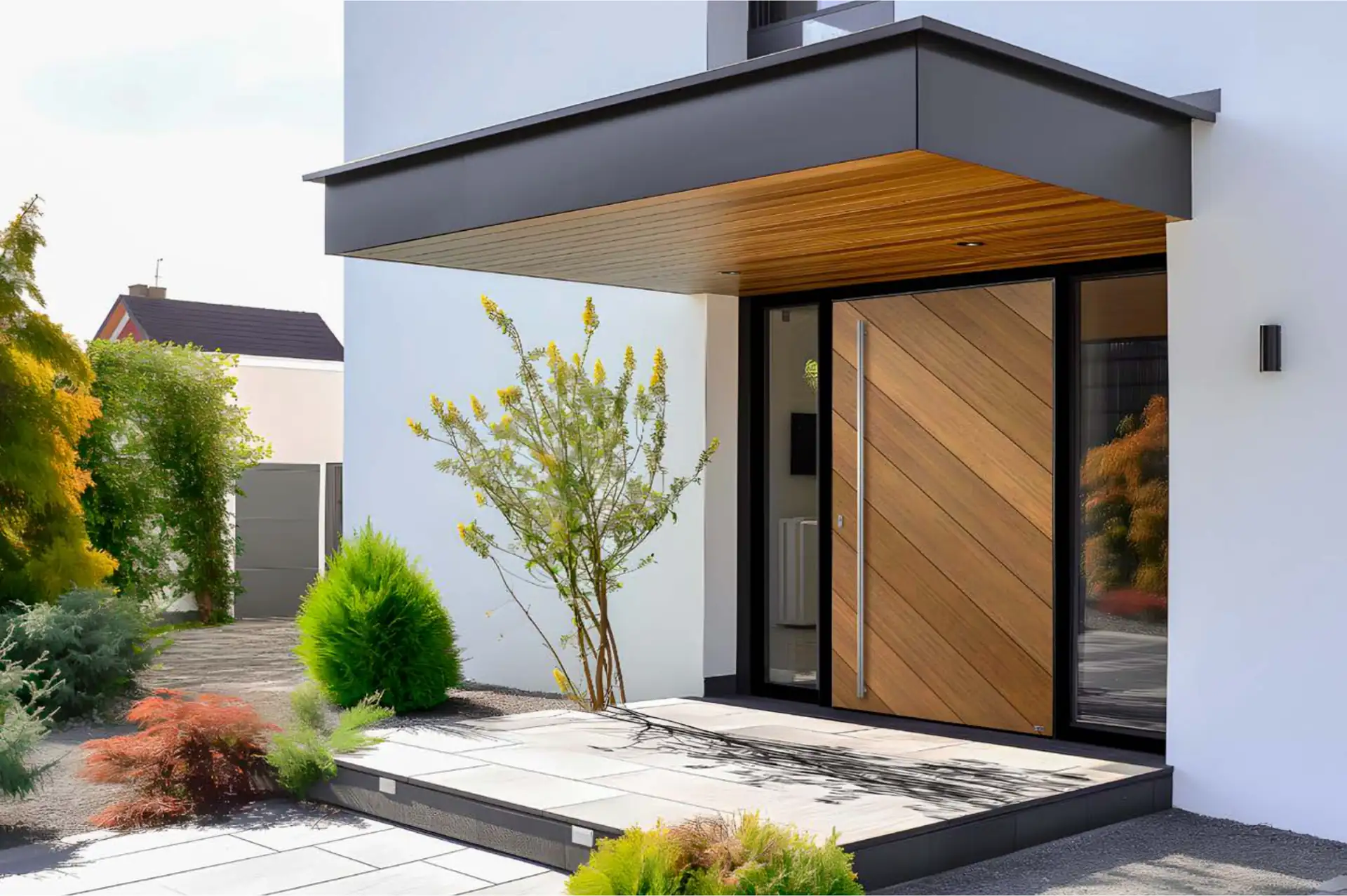 Blindamos tu casa puerta pivotante madera porche moderno